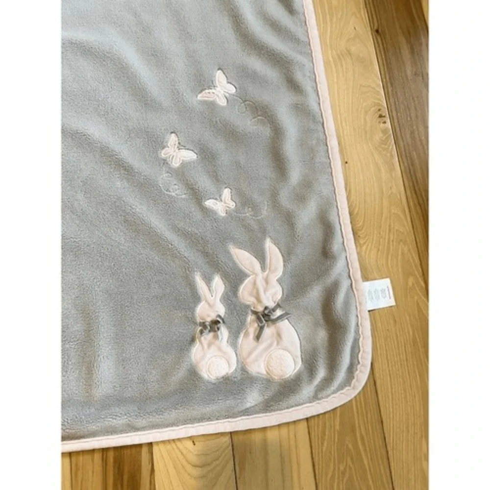 Koala Baby Bunny Rabbits & Butterflies Gray w Pink Velour Appliqued Baby Blanket